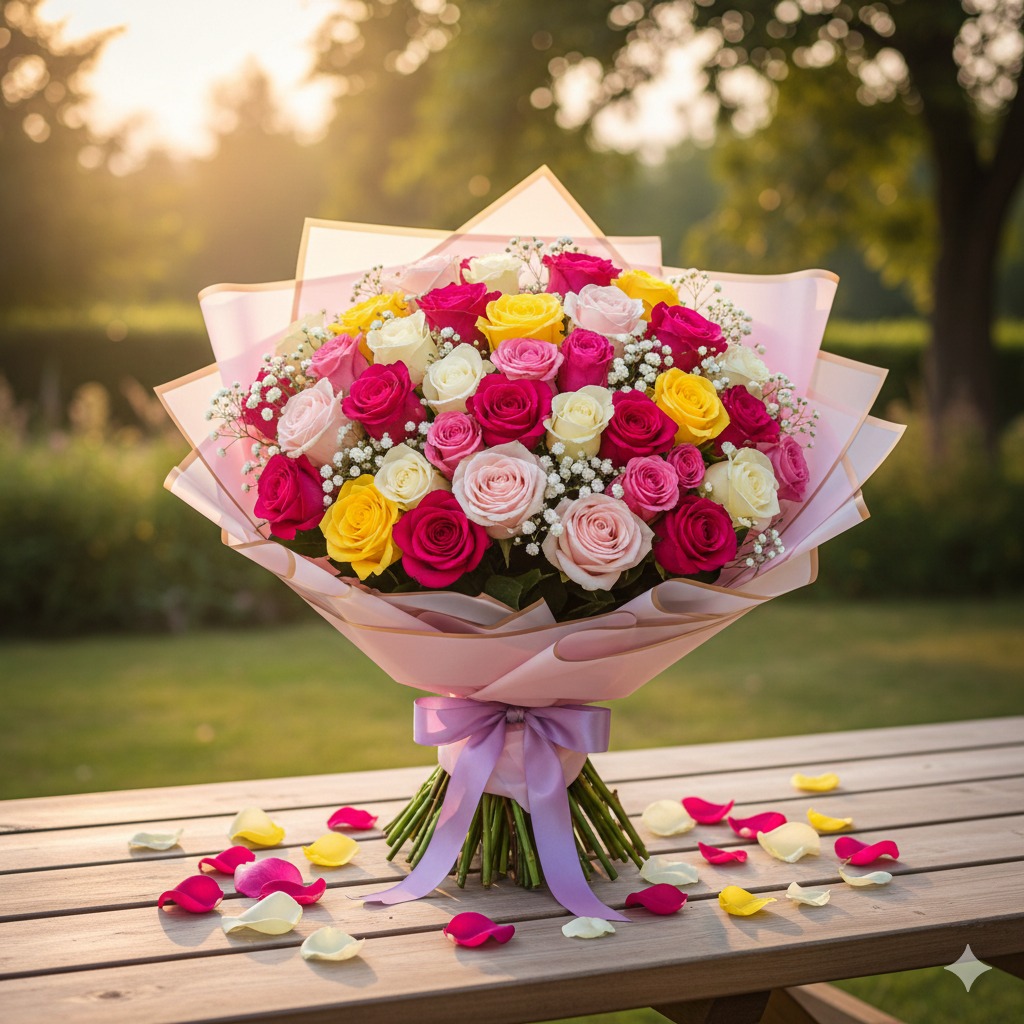 Ramo 50 rosas amarillas, rosadas, fucsias, lilas y blancas