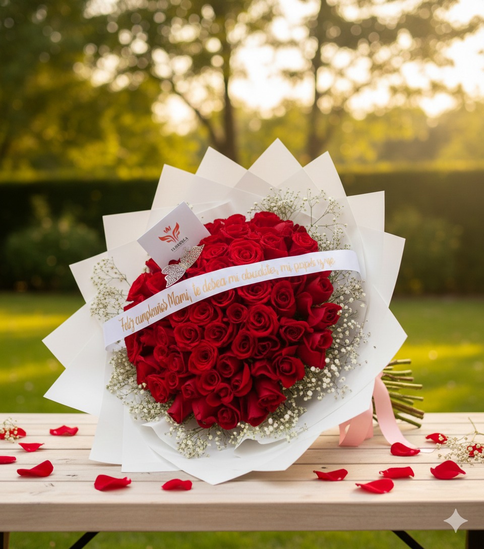 Ramo 75 rosas rojas + Cinta personalizada