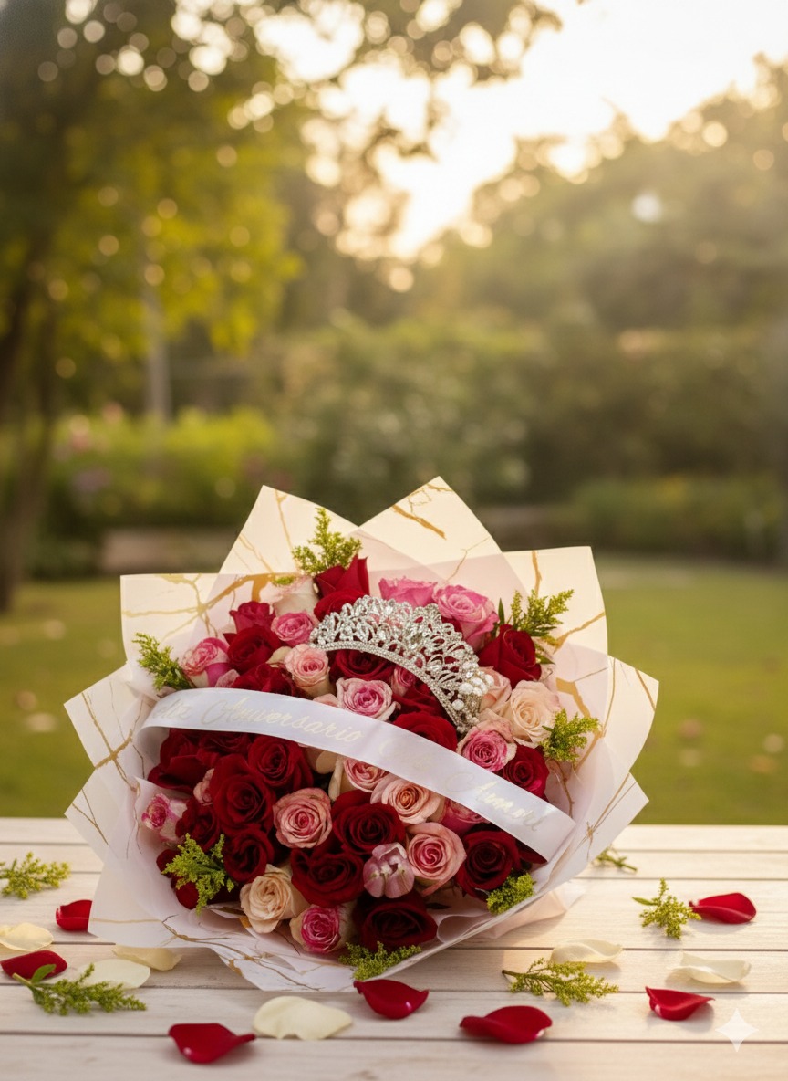 Ramo 50 rosas rojas, rosadas y blancas + corona + cinta personalizada