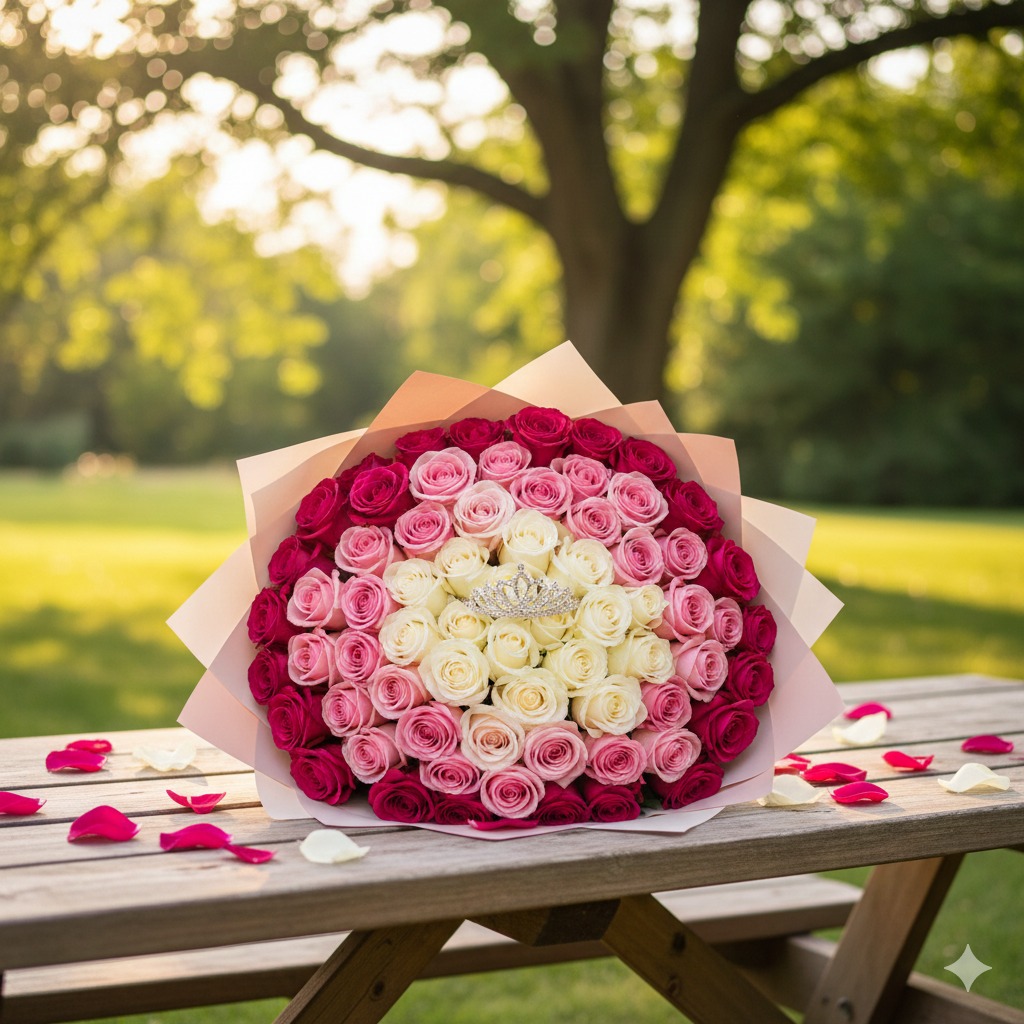 Ramo 75 rosas degradé fucsias, rosadas y blancas + tiara