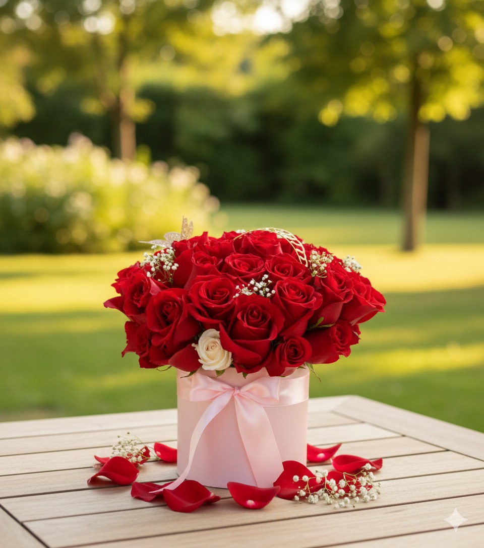 Box circular 50 rosas rojas