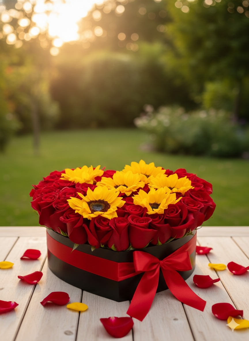 Box corazón 30 rosas rojas y 5 girasoles