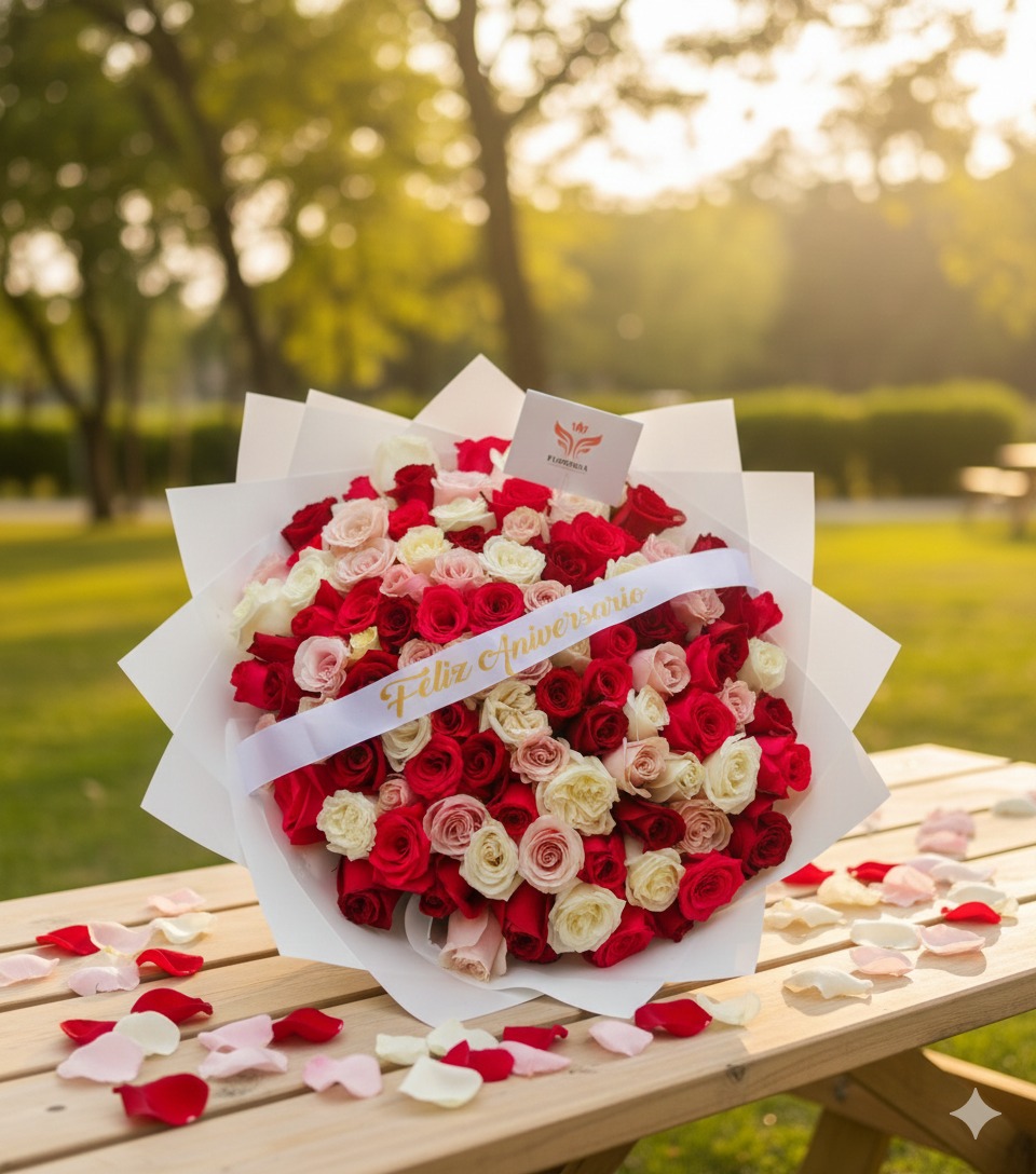 Ramo 100 rosas rojas, blancas, fucsias y rosadas + cinta personalizada